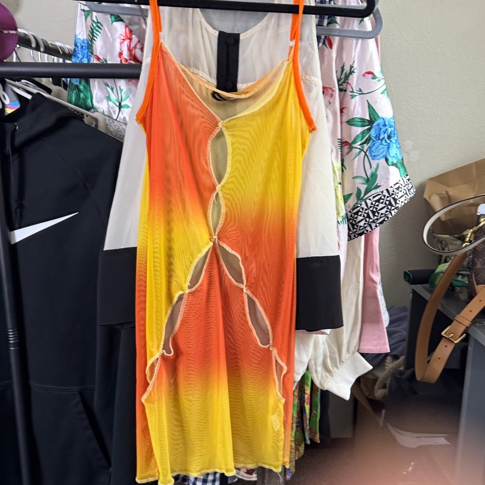 PrettyLittleThing Orange and Yellow Cutout Dress